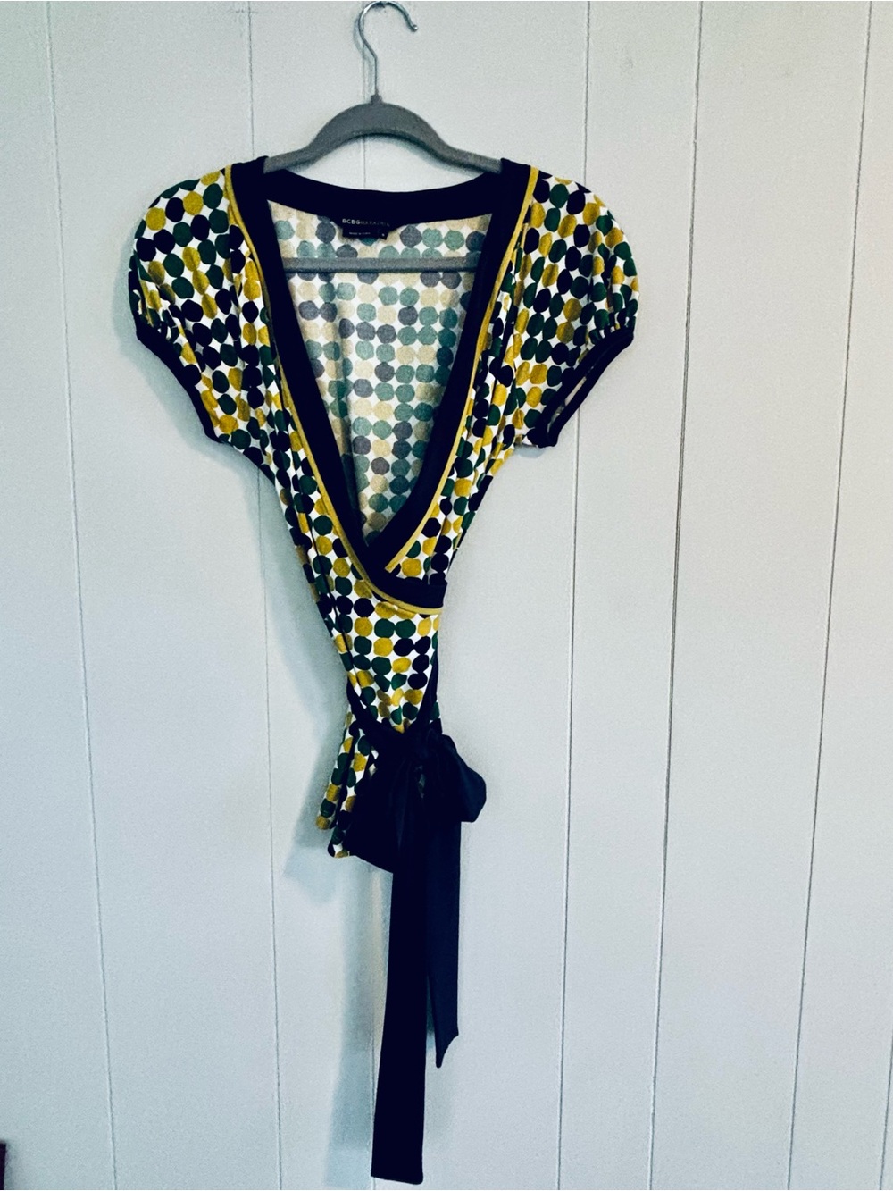 BCBGMaxAzria Yellow, Navy & White Polka Dot Wrap Blouse